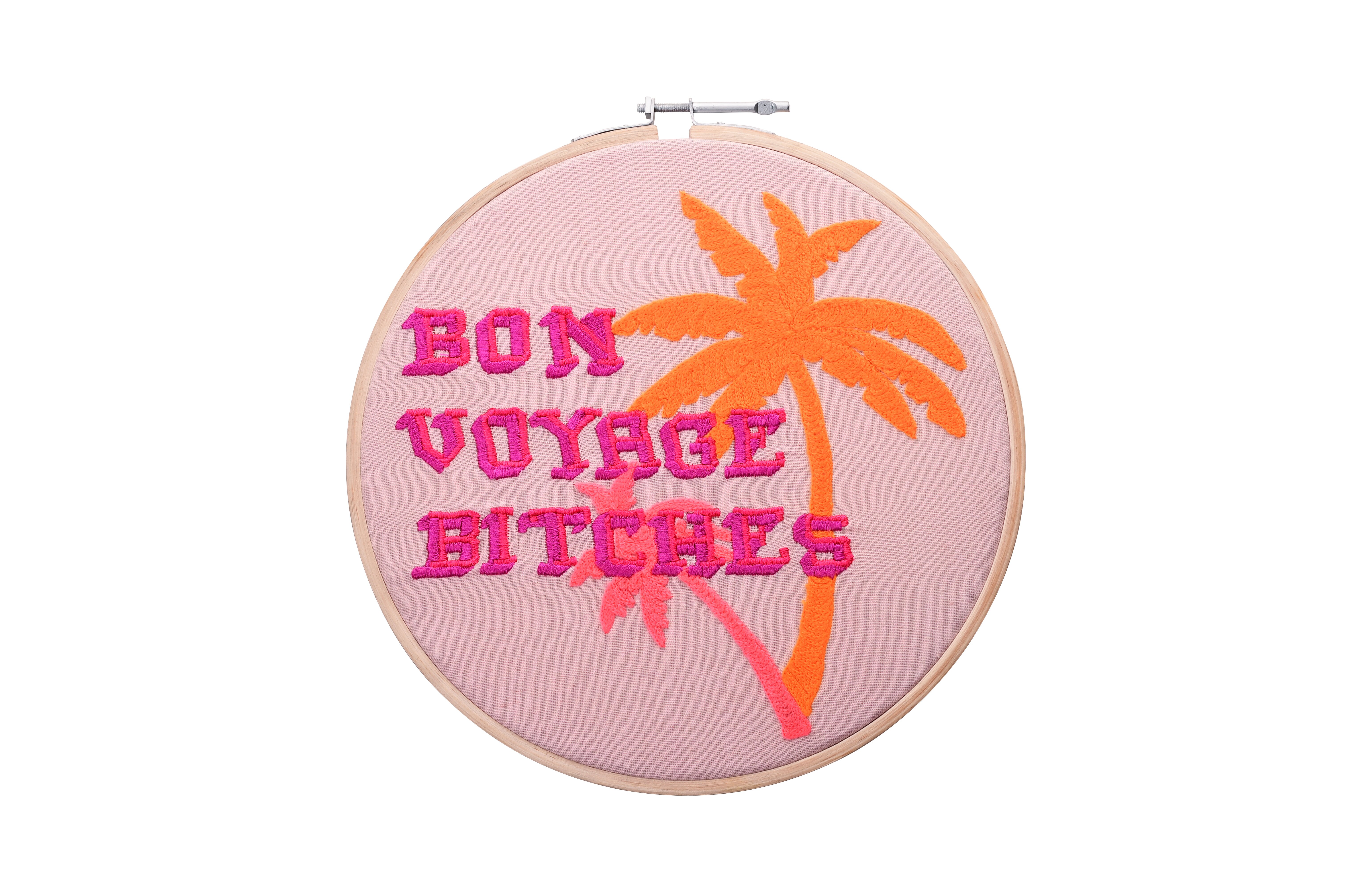 Broderie, embroidery wall art, M, motive: Bon voyage bitches, pink