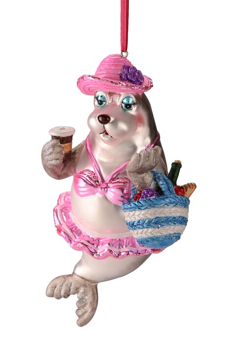 Hänger Seerobbedame mit Kaffeebecher und Korb, silber/rosa