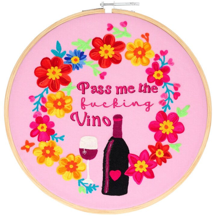 Broderie, embroidery wall art, L, motive: Pass me the fucking vino, pink