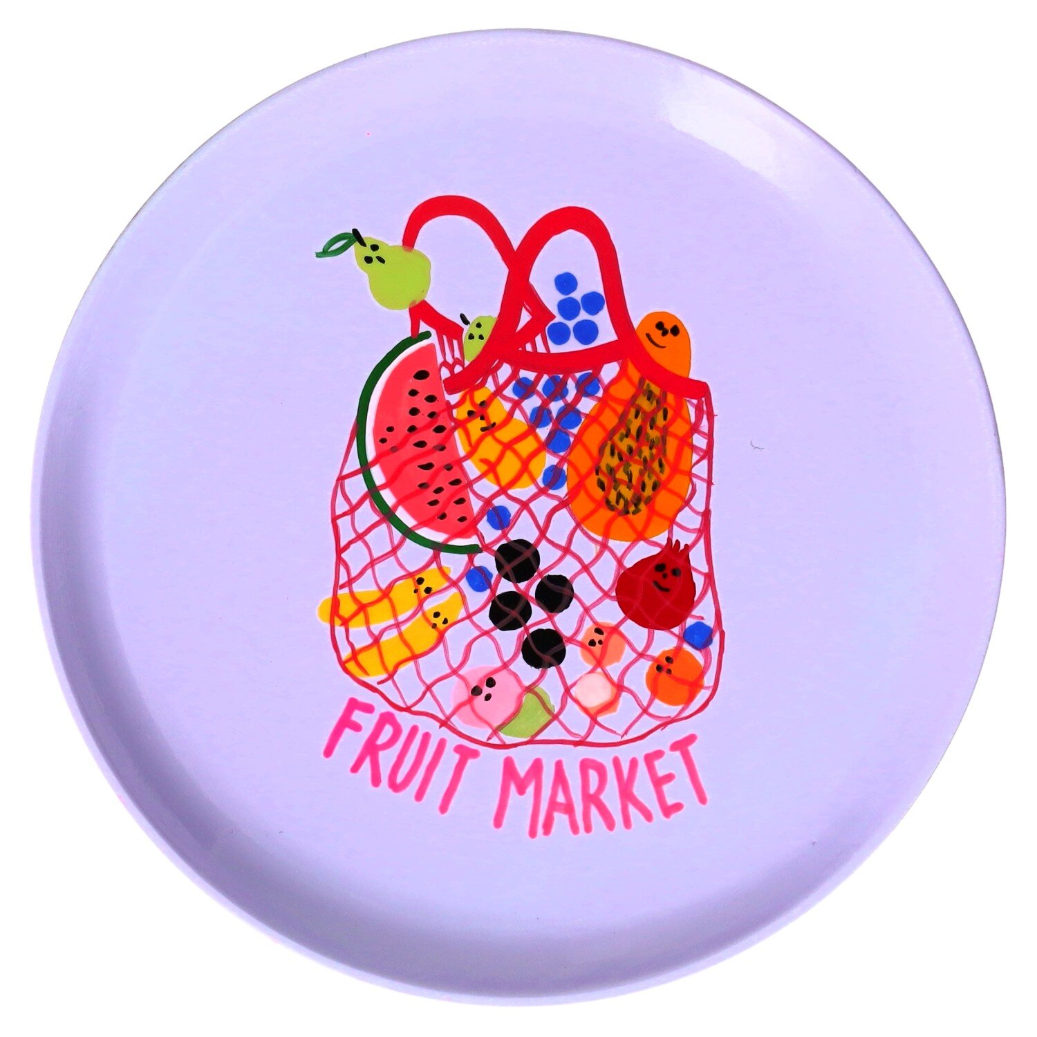 Love Plates, Dekoteller, Mangoholz, Motiv: Fruit market, rund, lila
