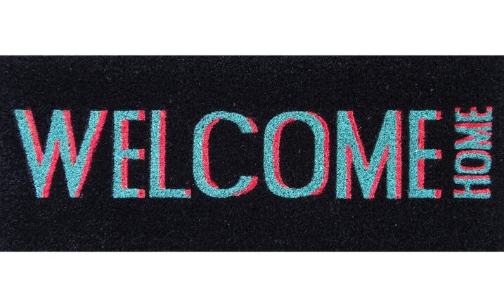 Fussmatte, Motiv: Welcome home, neon, schwarz/türkis/pink