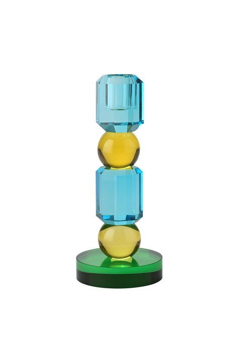 Sari, Kristallglas, Kerzenhalter H18,5cm, 2 Kugeln, blau/gelb/grün, gs