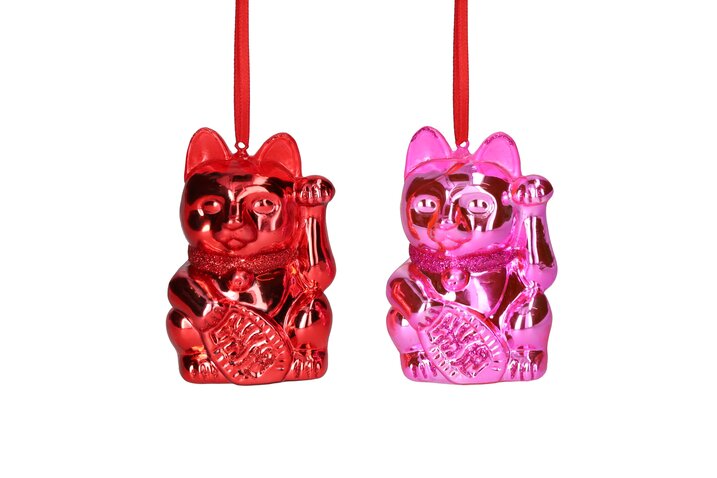 Hänger Winkekatze, 2fach sortiert, pink/rot