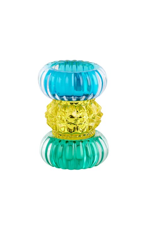 Sari, tea light holder h11,5cm, round, blue/yellow/green, sprayed