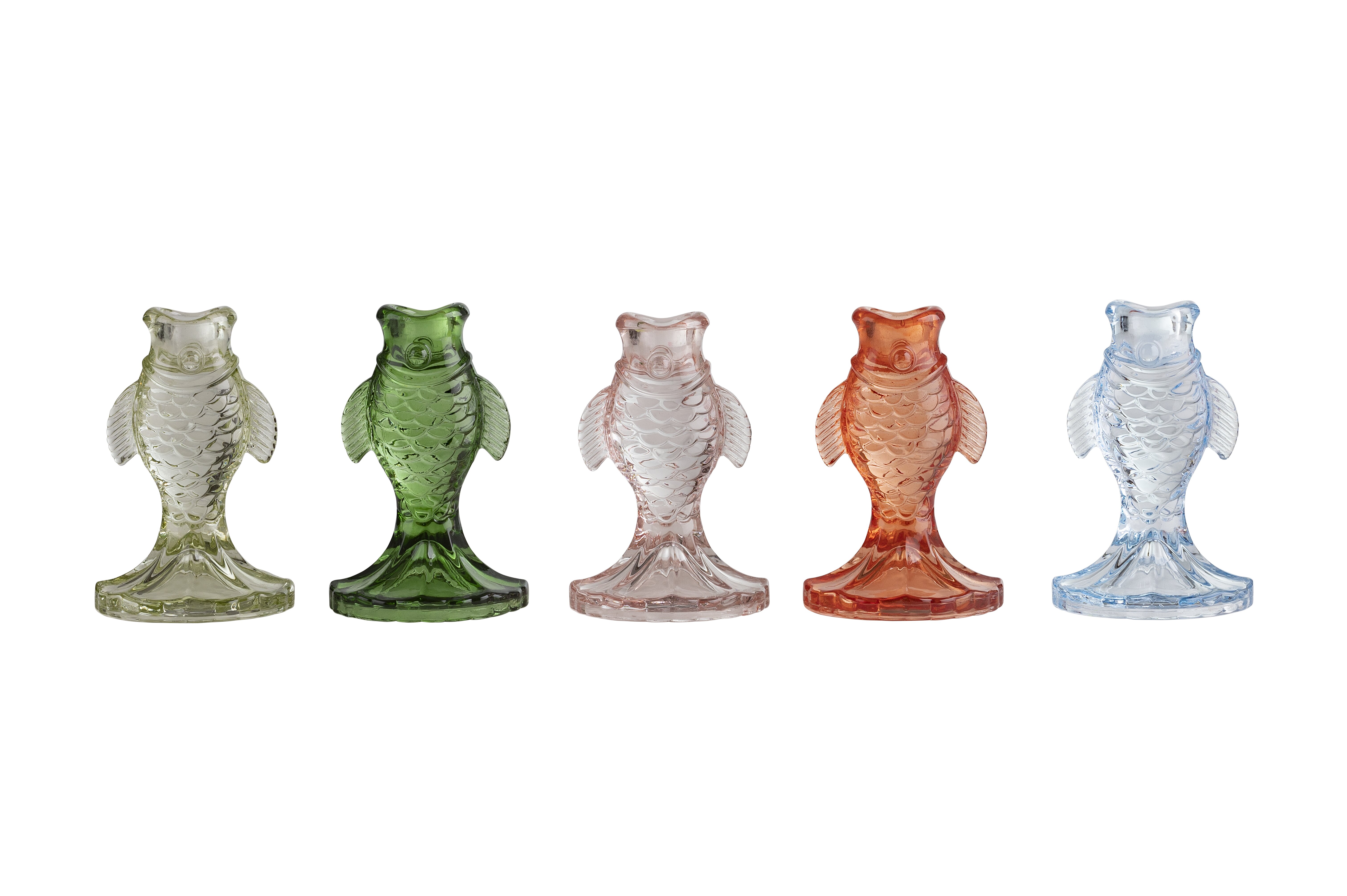 Jacquard, candle holder fish assorted of 5pcs.,h12,5cm, light green/dark green/pink/coral/blue, sprayed