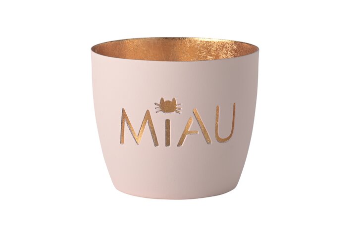 Madras, Windlicht, M, Motiv: Miau, pastellrosa/gold