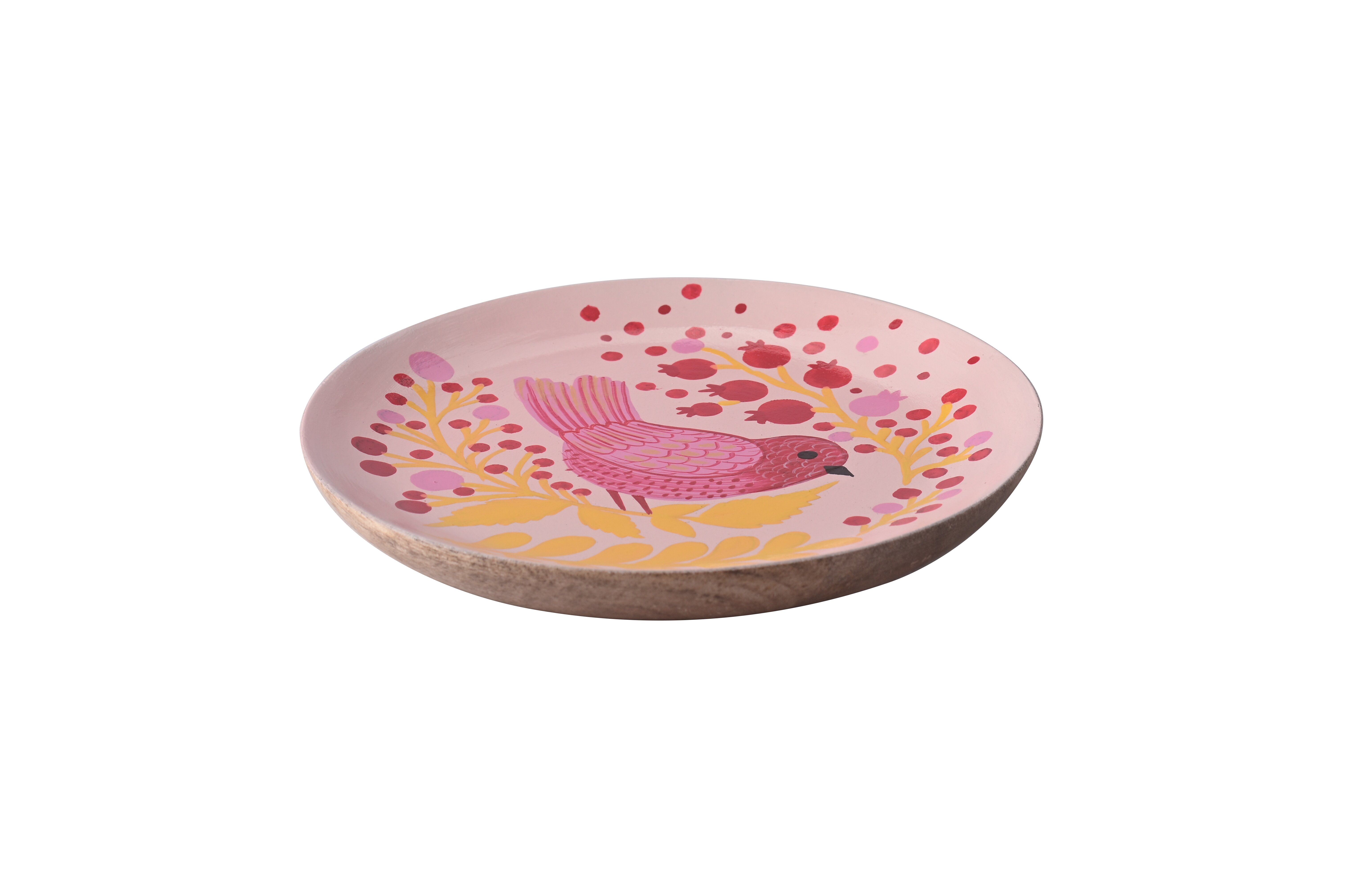 Love Plates, Dekoteller, Mangoholz, Motiv: Vogel, rund, rosa
