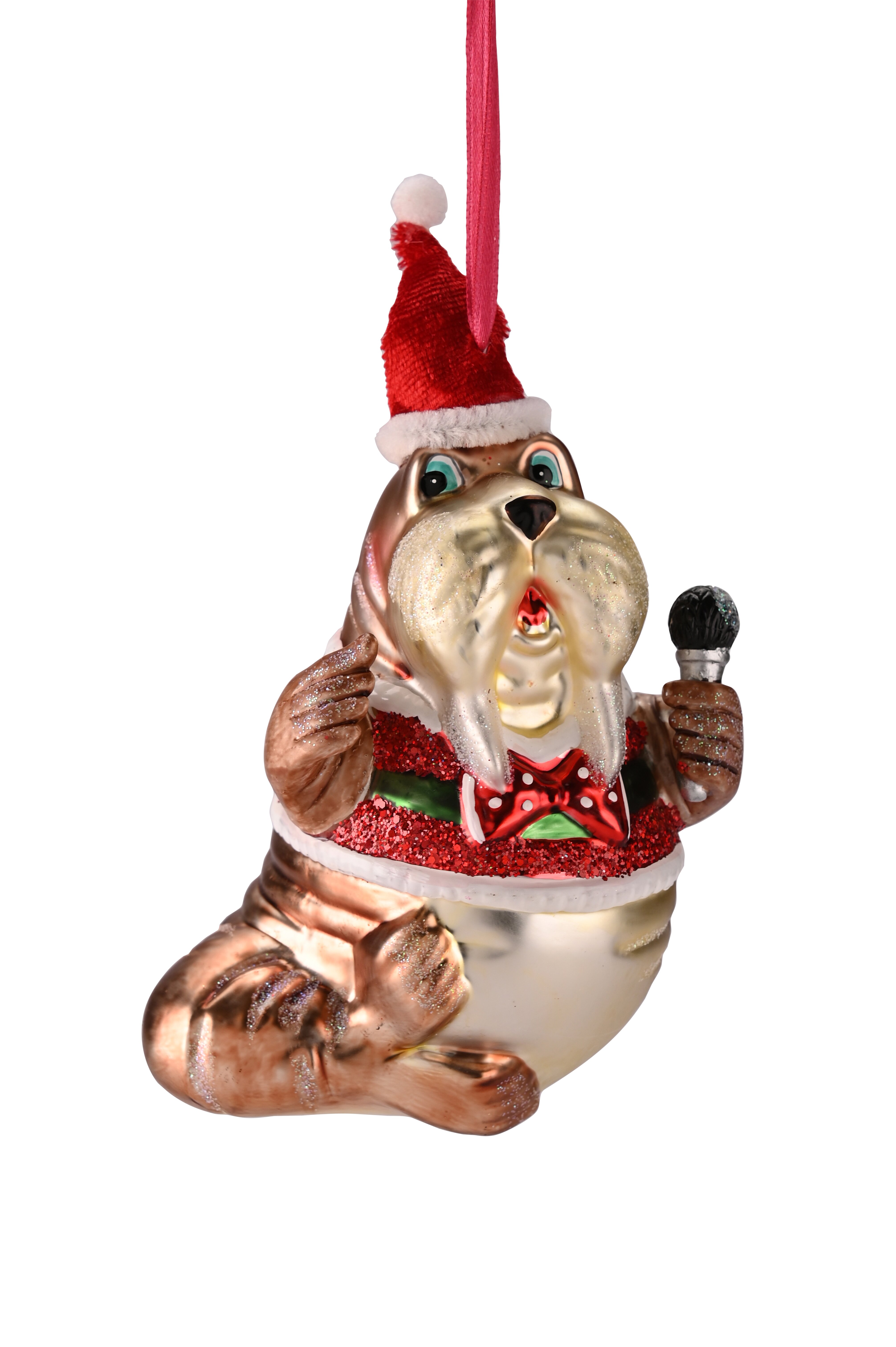 Hänger Walross mit Weihnachtsmütze und Mikrofon, braun/rot