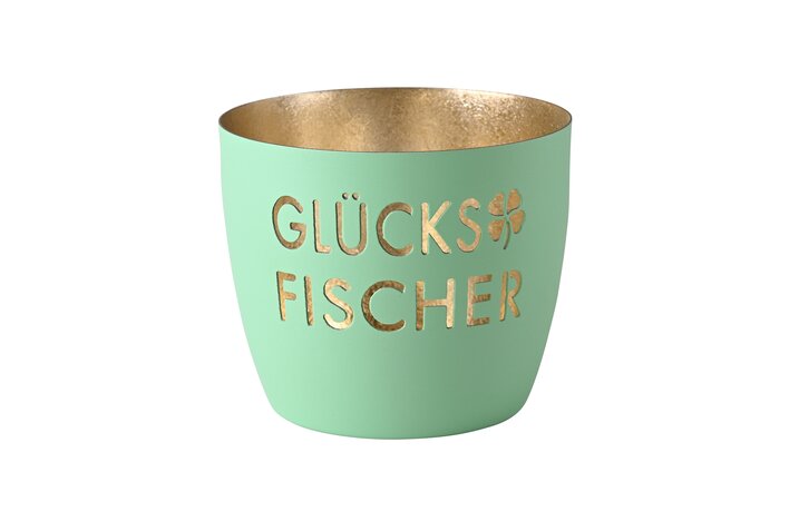 Madras, Windlicht, M, Motiv: Glücksfischer, aqua/gold
