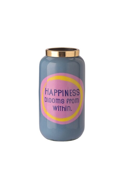 Saigon, Vase mit Metallring, XXS(H12cm), Motiv: Happiness blooms from within, rauchblau/gold