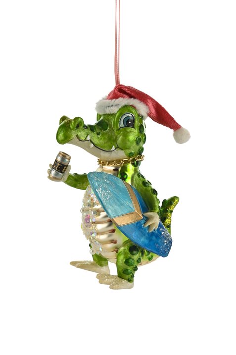 Hänger Krokodil mit Surfbrett und Weihnachtsmütze, grün