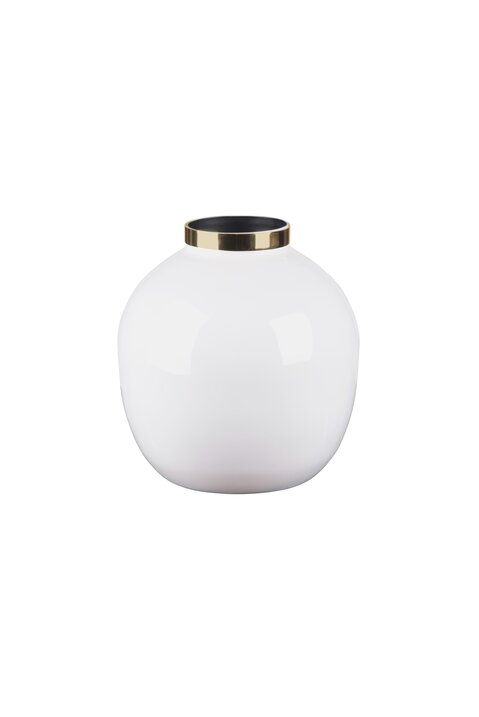 Saigon, Vase mit Metallring, bauchig, weiß/gold