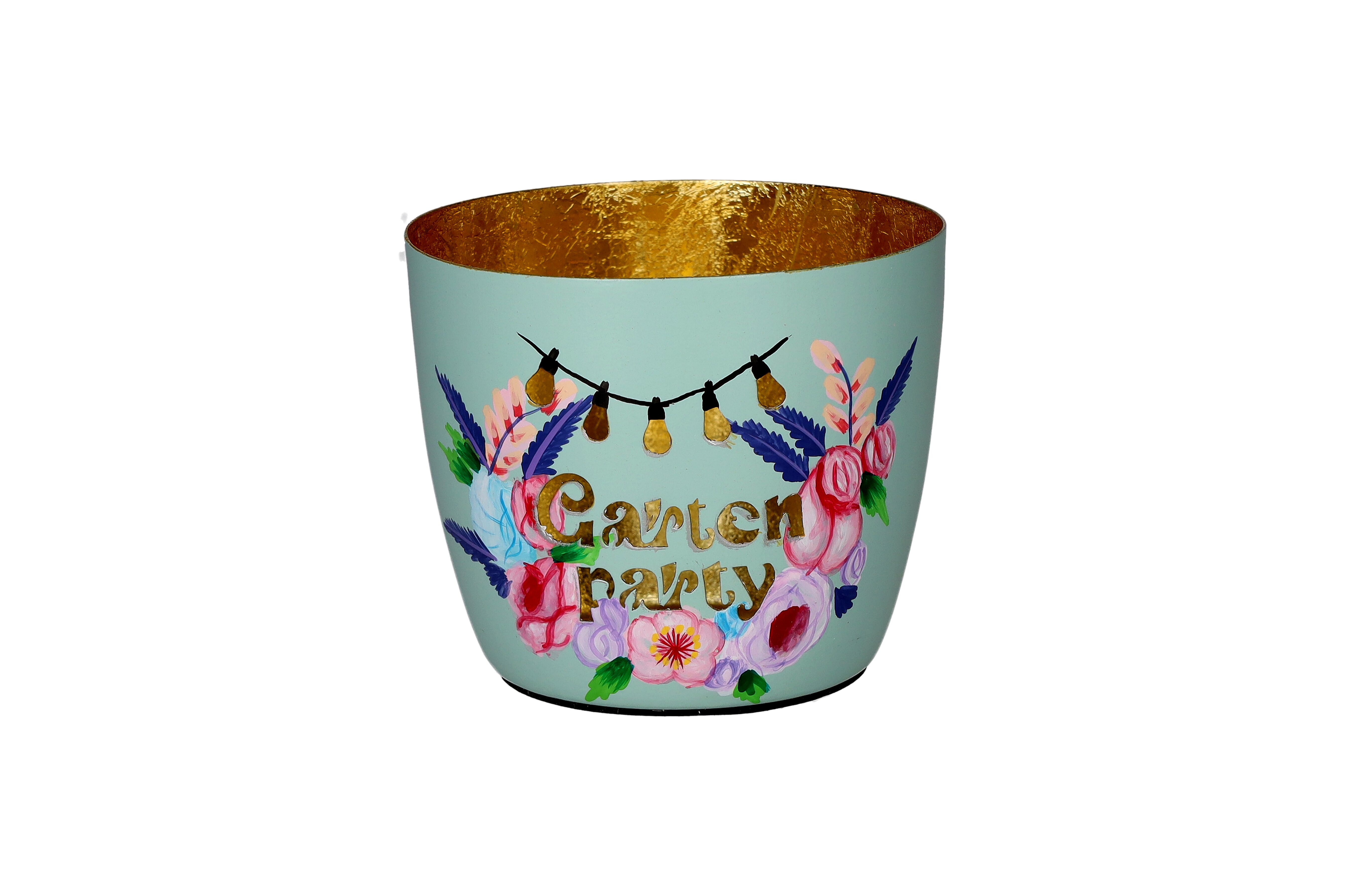 Madras, Windlicht, M, Motiv: Gartenparty, mint/ gold