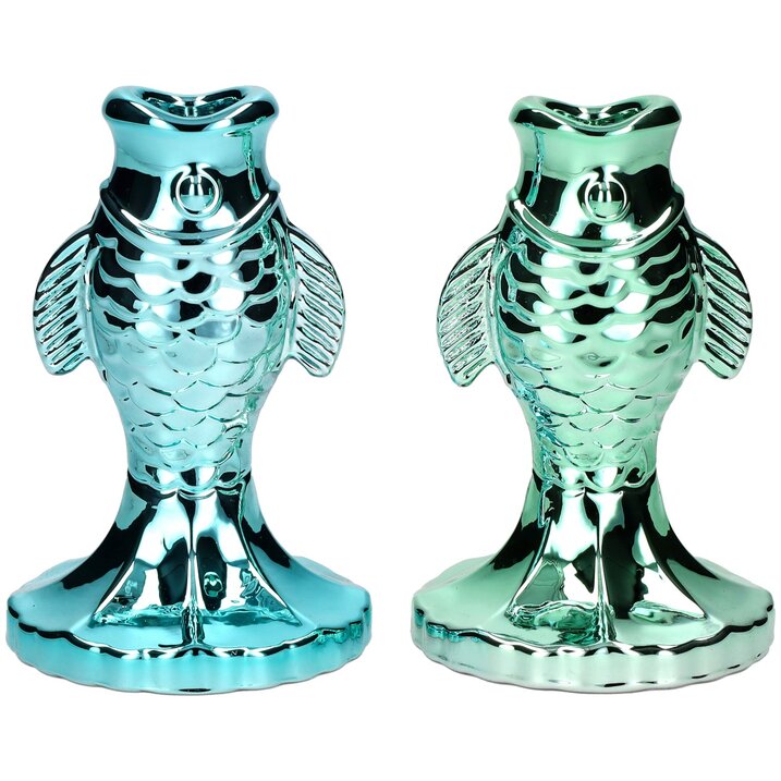 Jacquard, Kerzenhalter Fisch 2fach sortiert, M(H17,5cm), blau/grün, gs