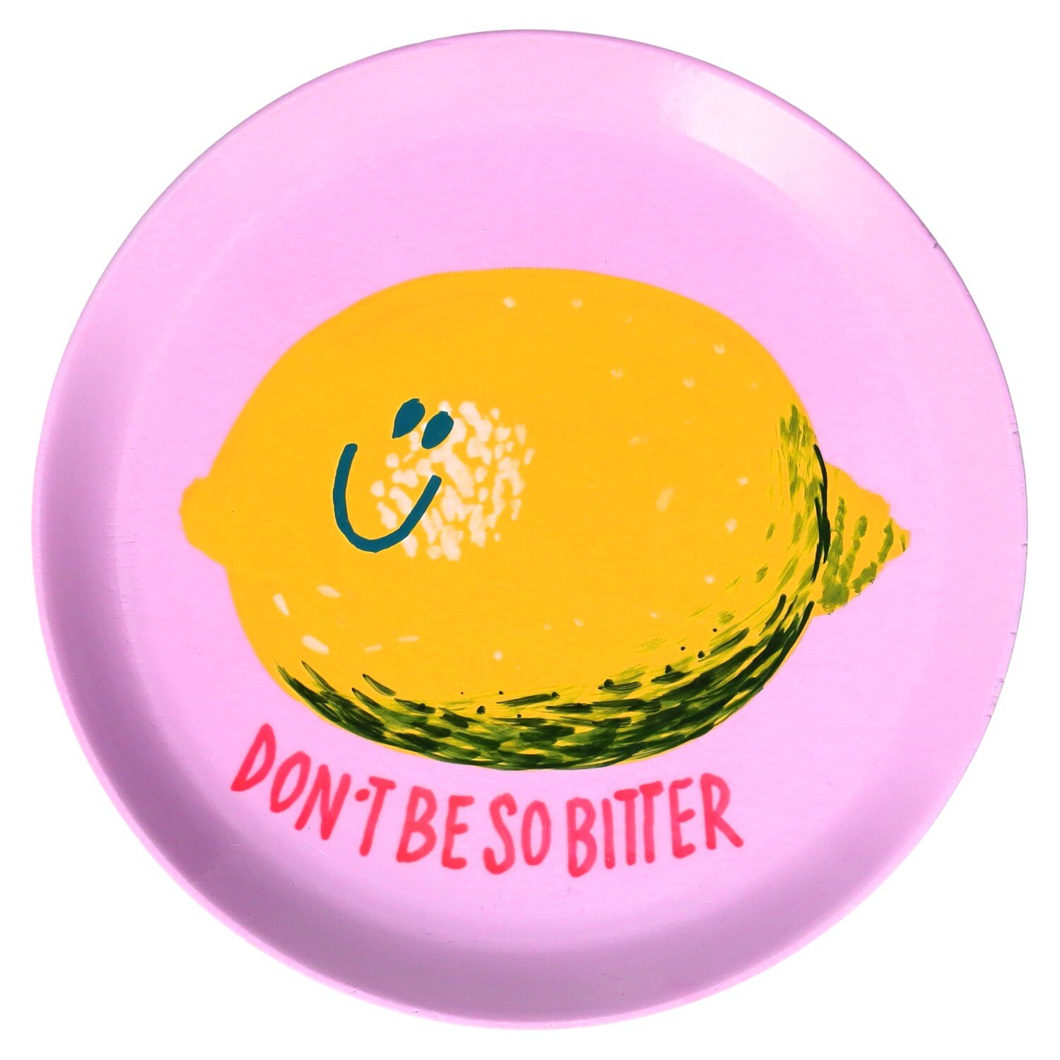 Love plates, deco plate, mango wood, motive: don´t be so bitter round, pink/yellow