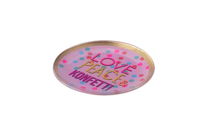 Love Plates, Glasteller M, Motiv: Love, Peace & Konfetti, rund, rosa