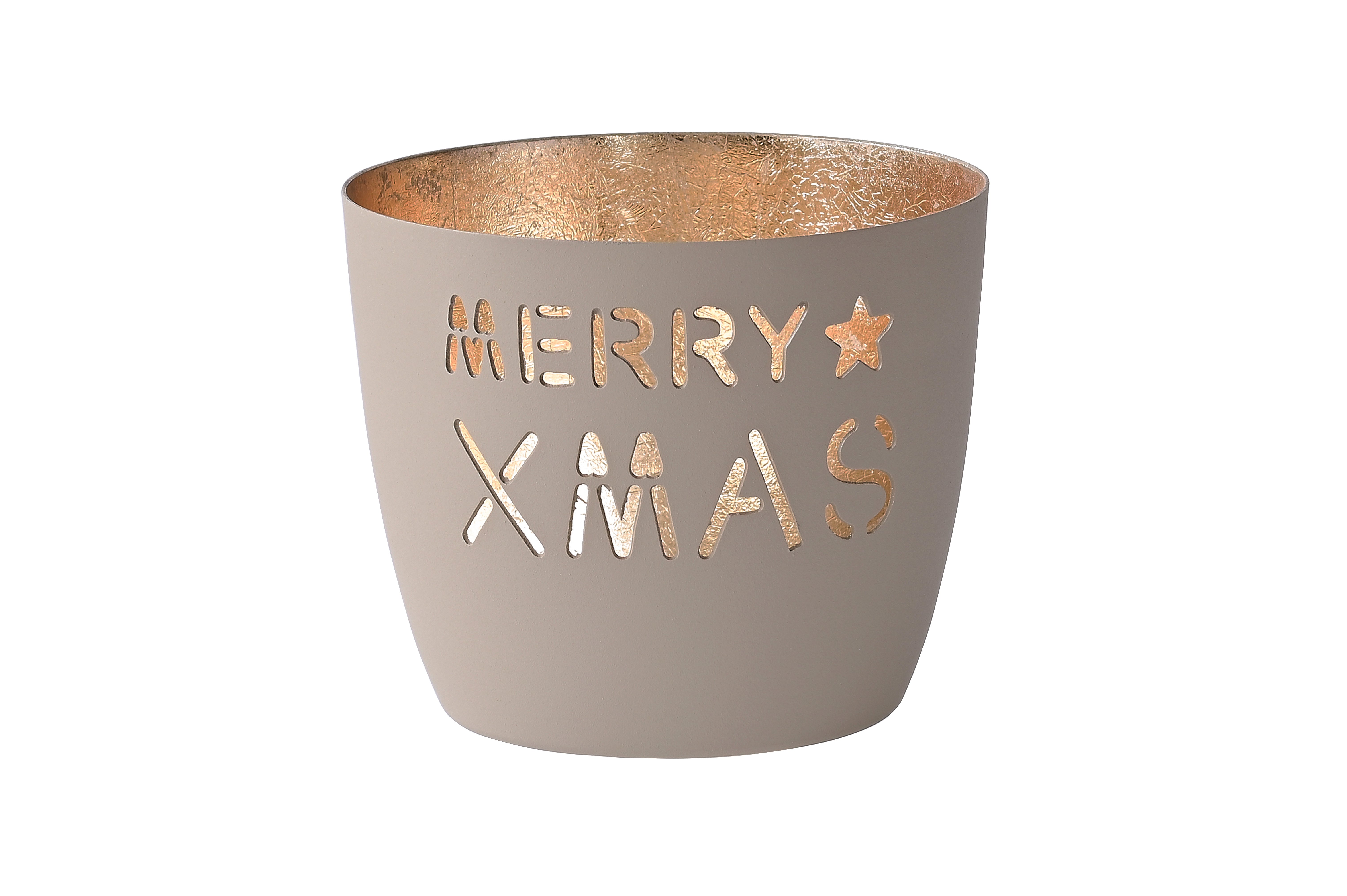 Madras, Windlicht, M, Motiv: Merry Xmas, sandstone/gold