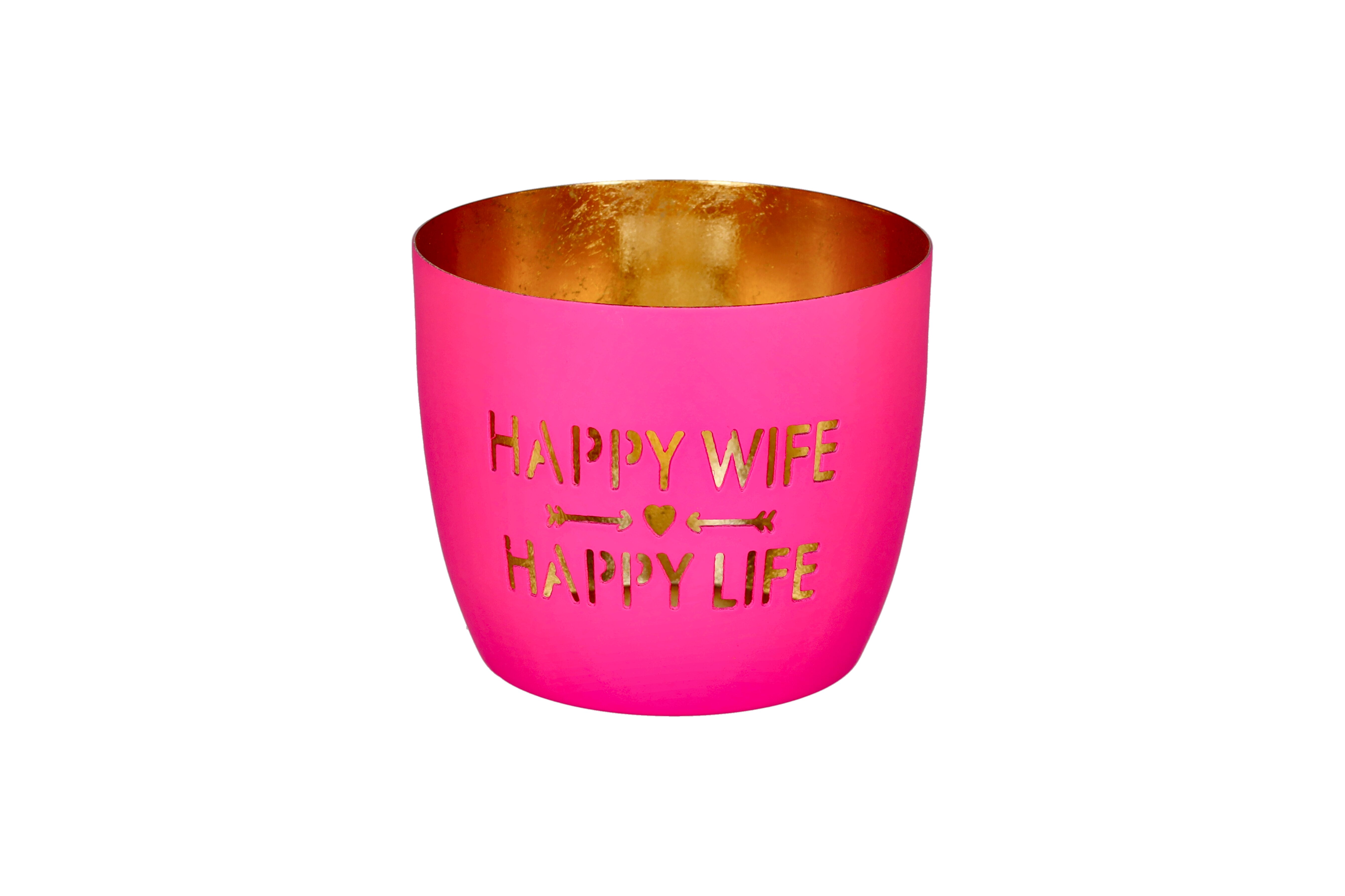 Madras, Windlicht, M, Motiv: Happy wife, happy life, hot pink/gold