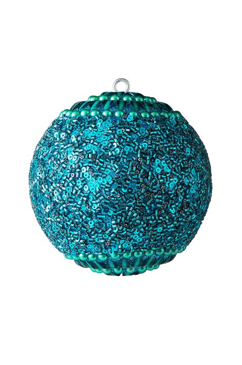 Opium, Weihnachtskugel, 10cm, Blumenmuster, Perlen, Steine, Pailletten, türkis
