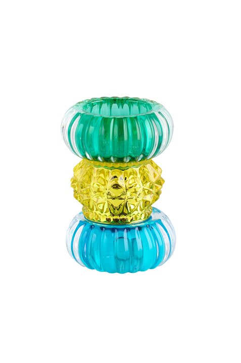 Sari, Teelichthalter H11,5cm, rund, blau/gelb/grün, gs