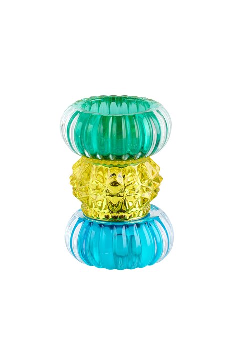 Sari, tea light holder h11,5cm, round, blue/yellow/green, sprayed