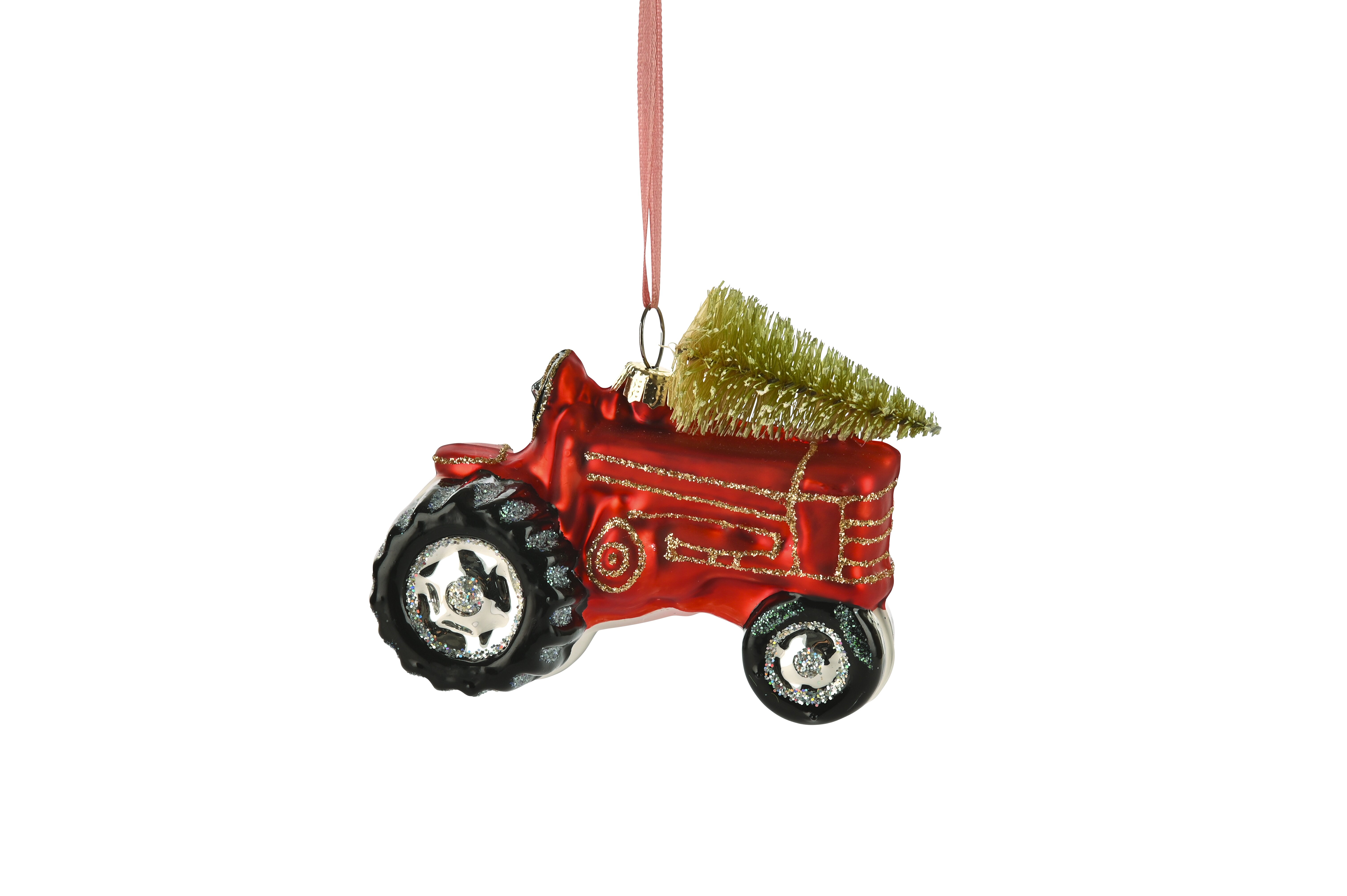 Hänger Traktor mit Weihnachtsbaum, rot