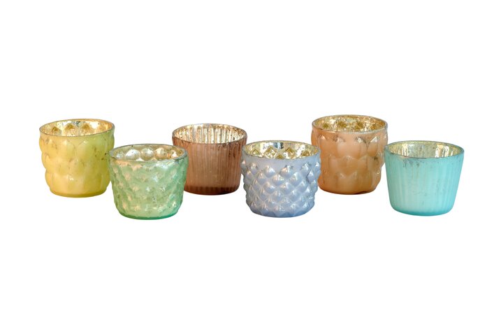 Jacquard, tealight holder, 6pcs. assorted, pastel/silver, sprayed