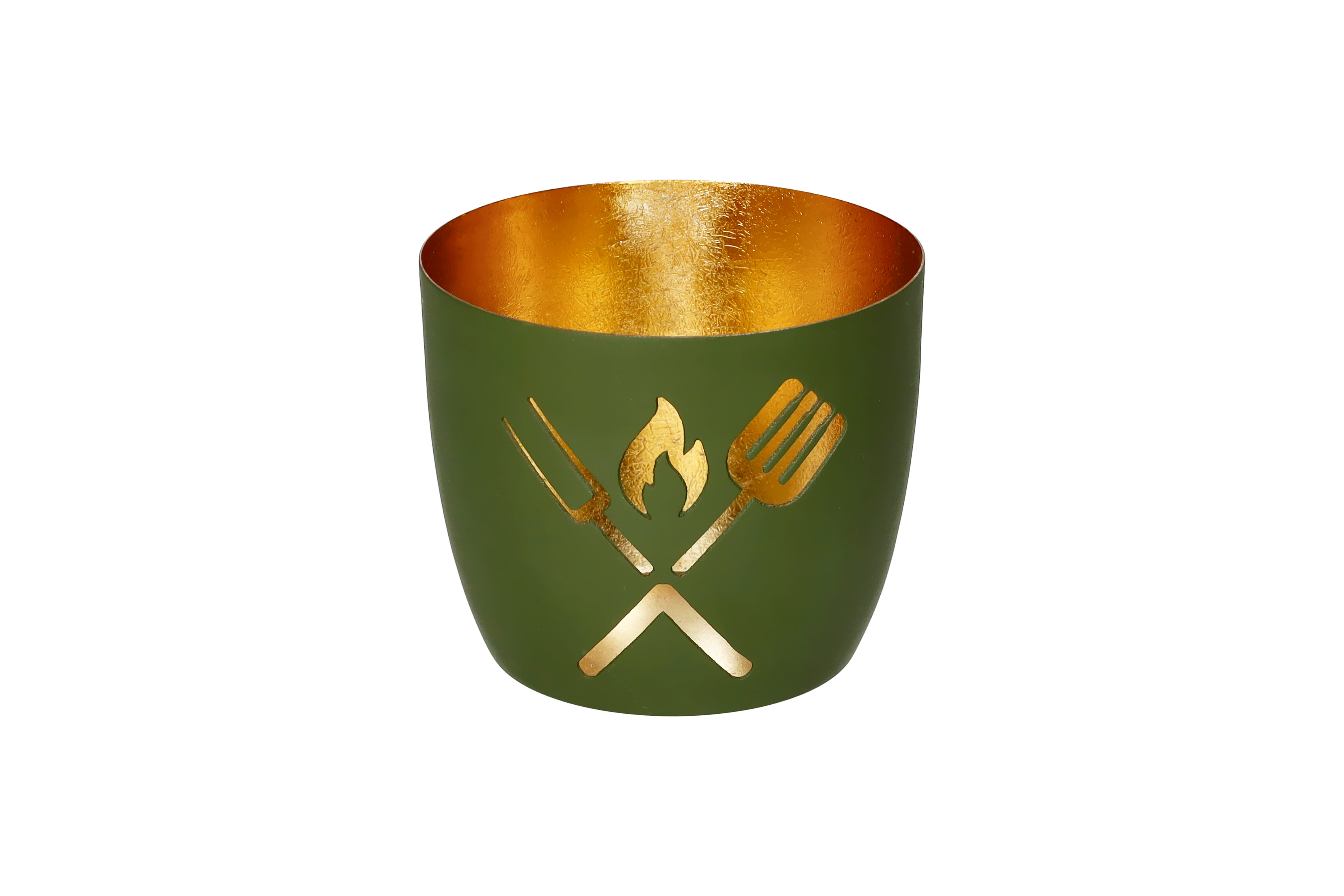 Madras, Windlicht, M, Motiv: Grillbesteck, olivgrün/gold