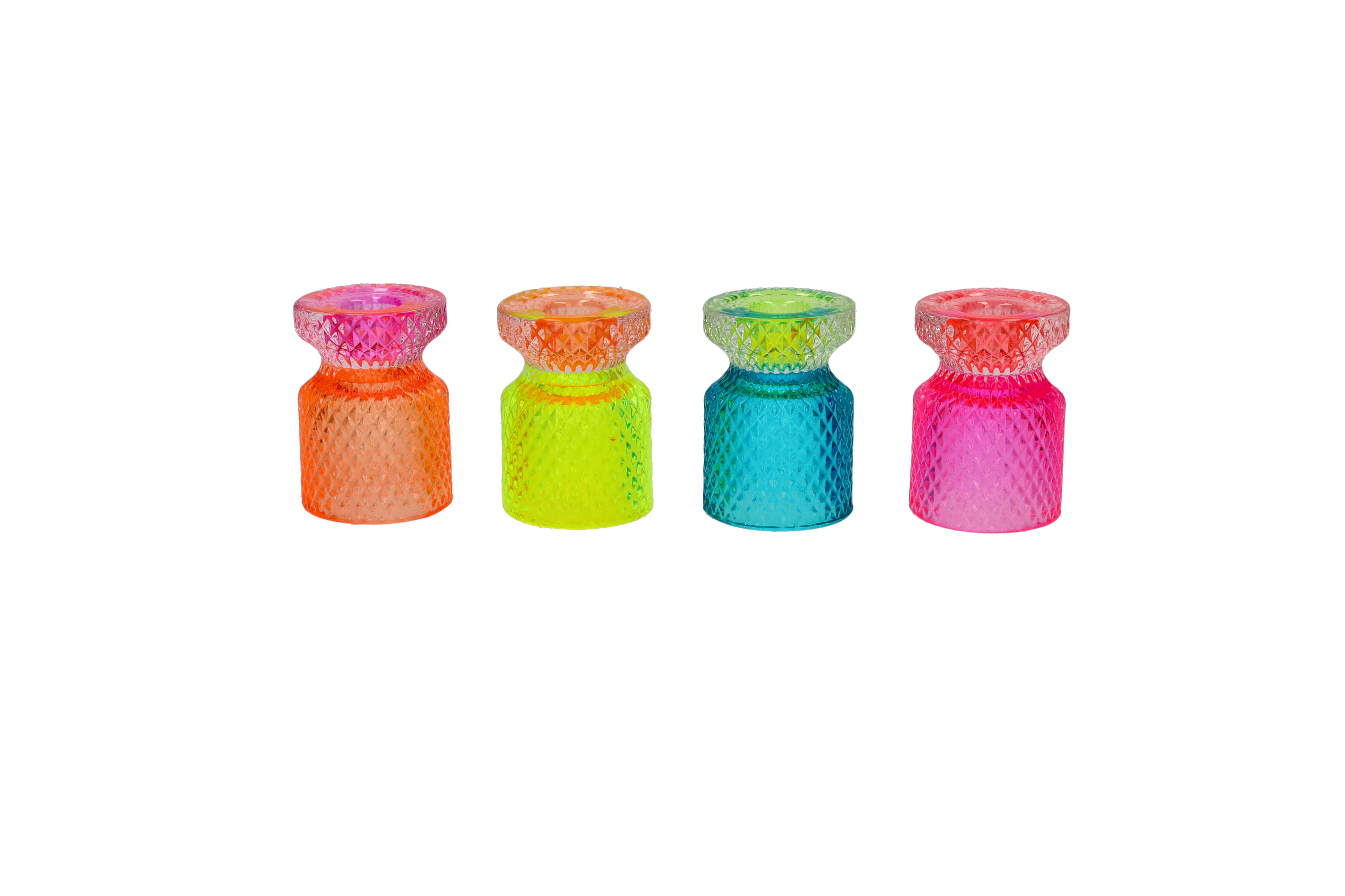 Jacquard, Kerzenhalter/Teelichthalter 4fach sortiert, Rautenschliff, gelb/türkis/rot/pink, gs