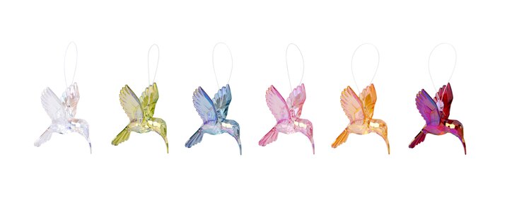 Birds, colibri, 6 assorted, L6cm, clear, green, blue, pink, organge, red