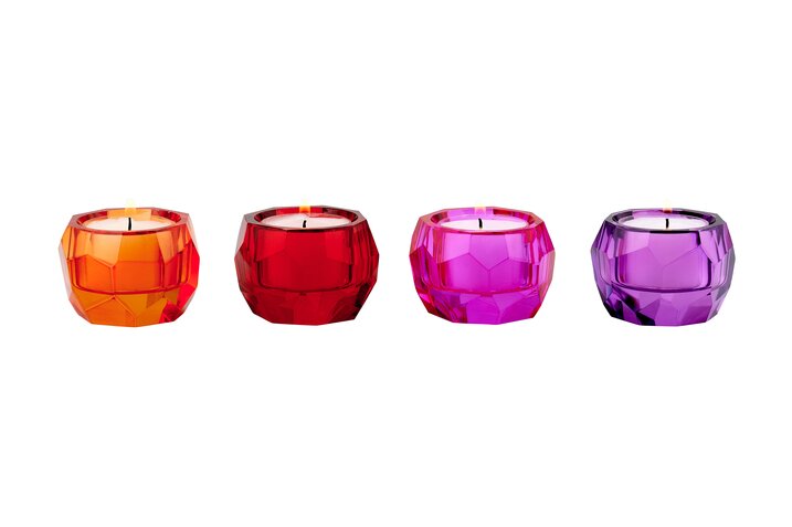 Palisades, Kristallglas, Teelichthalter H4cm, 4fach sortiert, pink/rot/lila/orange, gs
