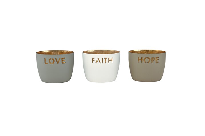 Madras, Windlicht, 3er Set, XS, Motiv: Love, Faith, Hope, flannel/weiß/sandstone