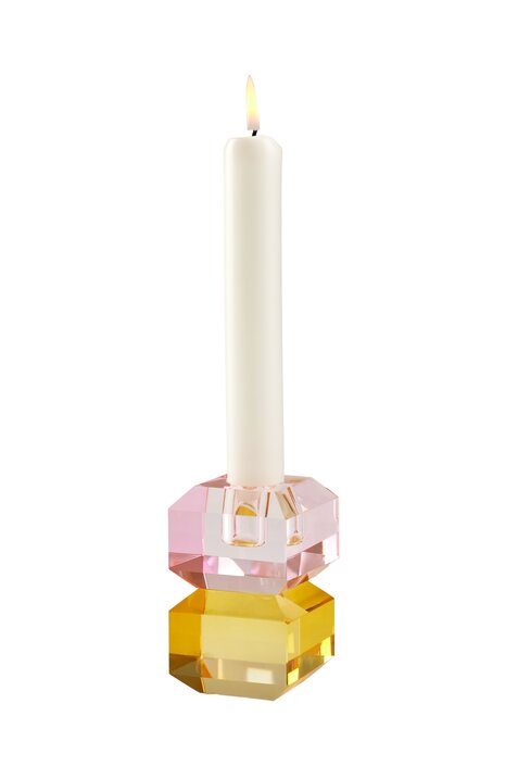 Sari, crystal glass, candle holder h9cm, square, pink/yellow, sprayed