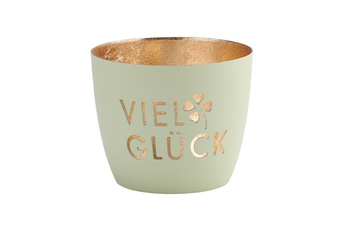 Madras, Windlicht, M, Motiv: Viel Glück, pastellgrün /gold