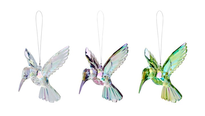 Birds,colibri, 3 assorted, L10cm, clear/green/smoke