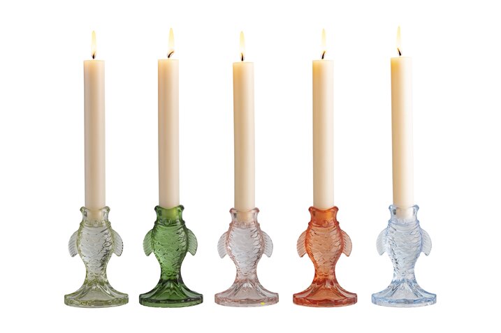 Jacquard, candle holder fish assorted of 5pcs.,h12,5cm, light green/dark green/pink/coral/blue, sprayed