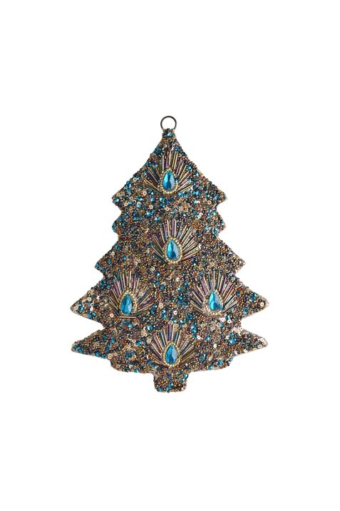 Opium, hanger, xmas tree, M, stones, sequins, blue/gold