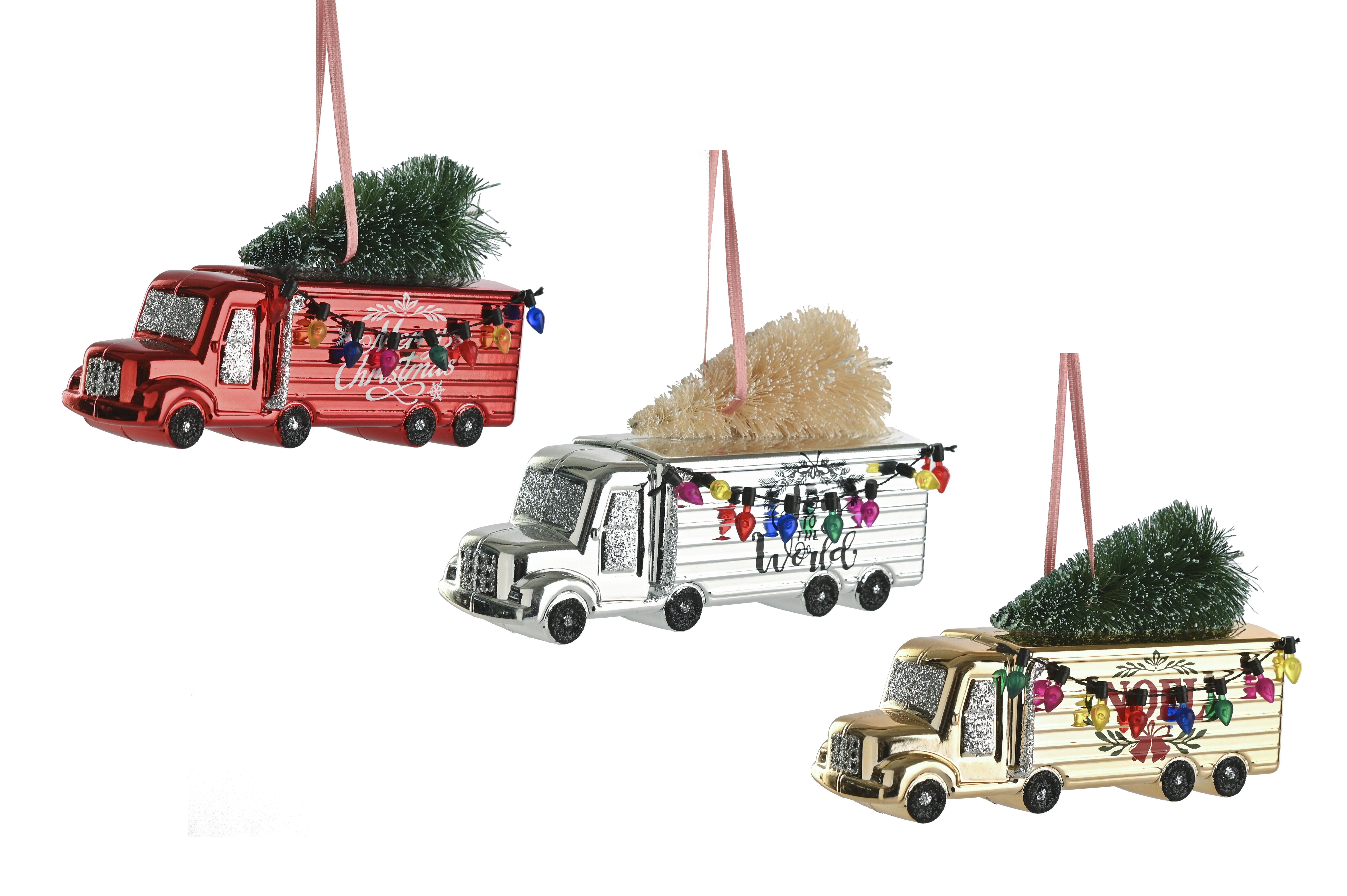 Hanger truck w. xmas tree, assorted of 3pcs., red/silver/gold