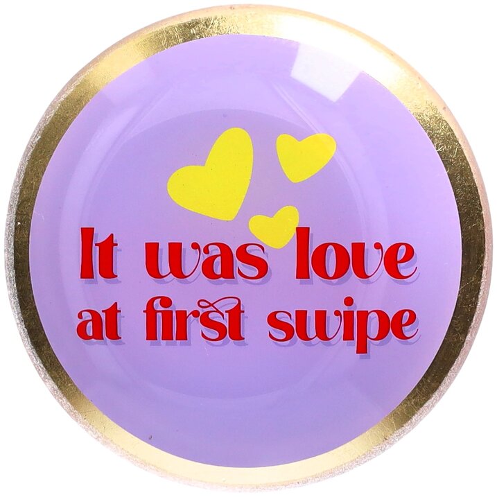 Love Plates, Glasteller S, Motiv: It was love at first swipe, rund, lila