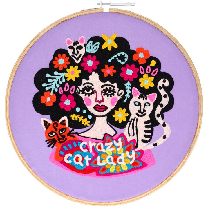 Broderie, Stickbild, L, Motiv: Crazy cat lady, lila