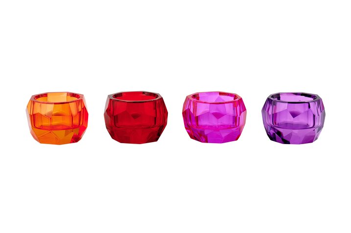 Palisades, Kristallglas, Teelichthalter H4cm, 4fach sortiert, pink/rot/lila/orange, gs