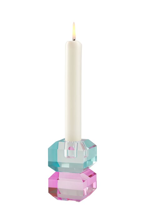 Sari, crystal glass, candle holder h9cm, square, blue/pink, sprayed