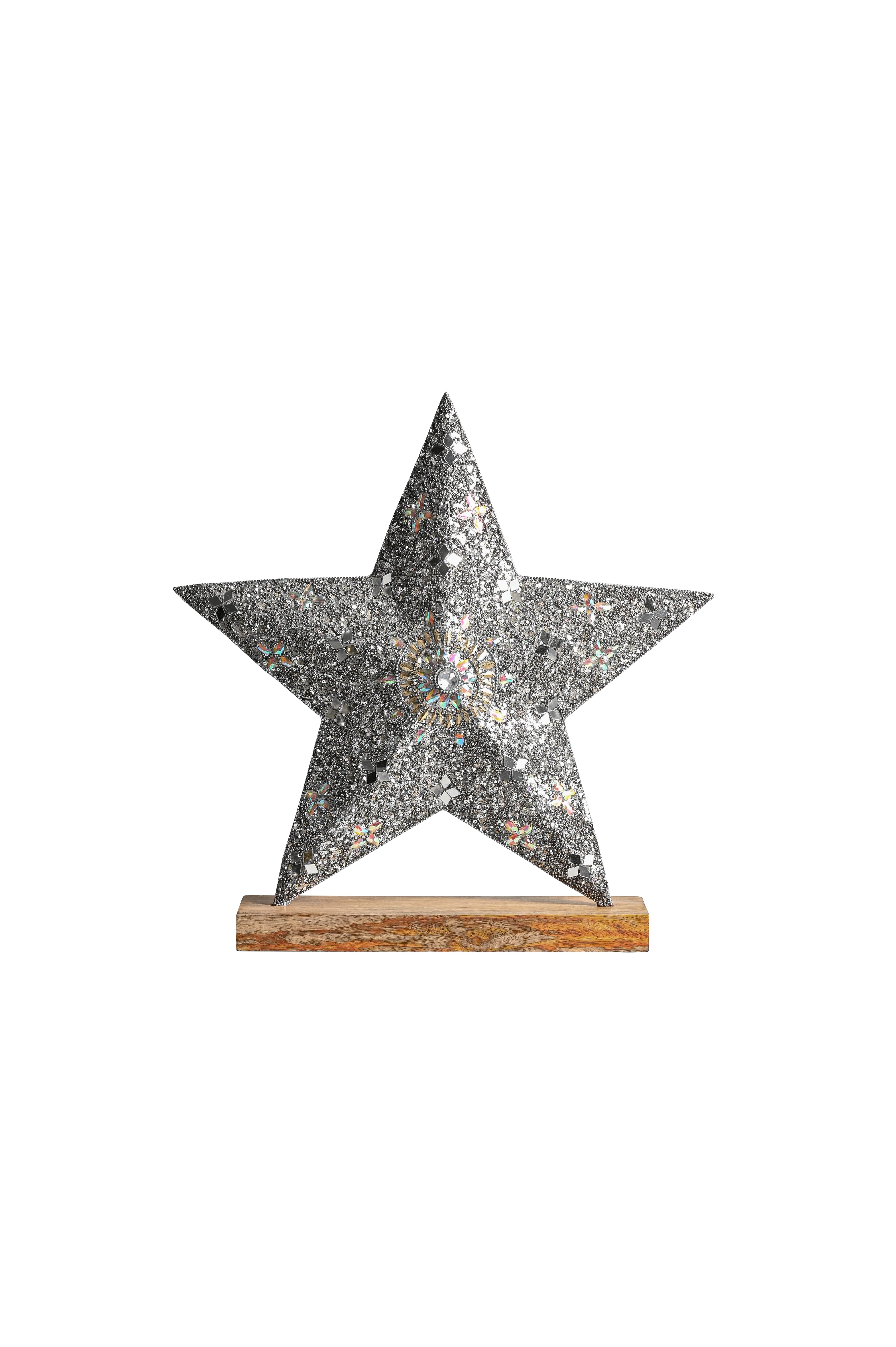 Opium, deco-star with base, L, stones, sequins, silver
