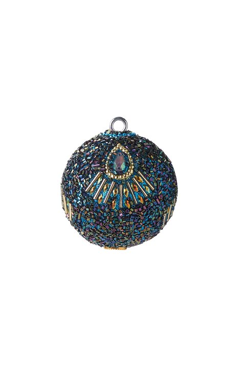 Opium, Weihnachtskugel, 6cm, Pfaumuster, Perlen, Steine, blau/lila