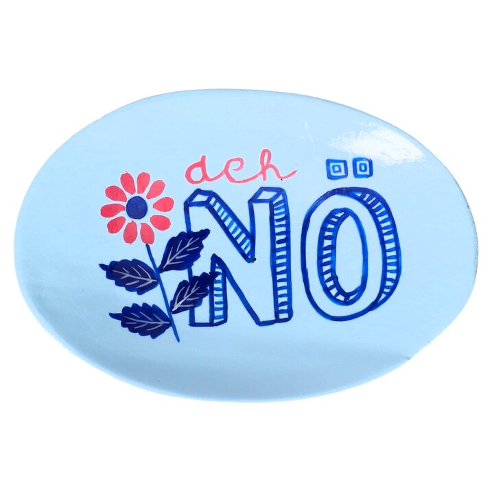 Love Plates, Dekoteller, Mangoholz, Motiv: Ach Nö, oval, pastellblau