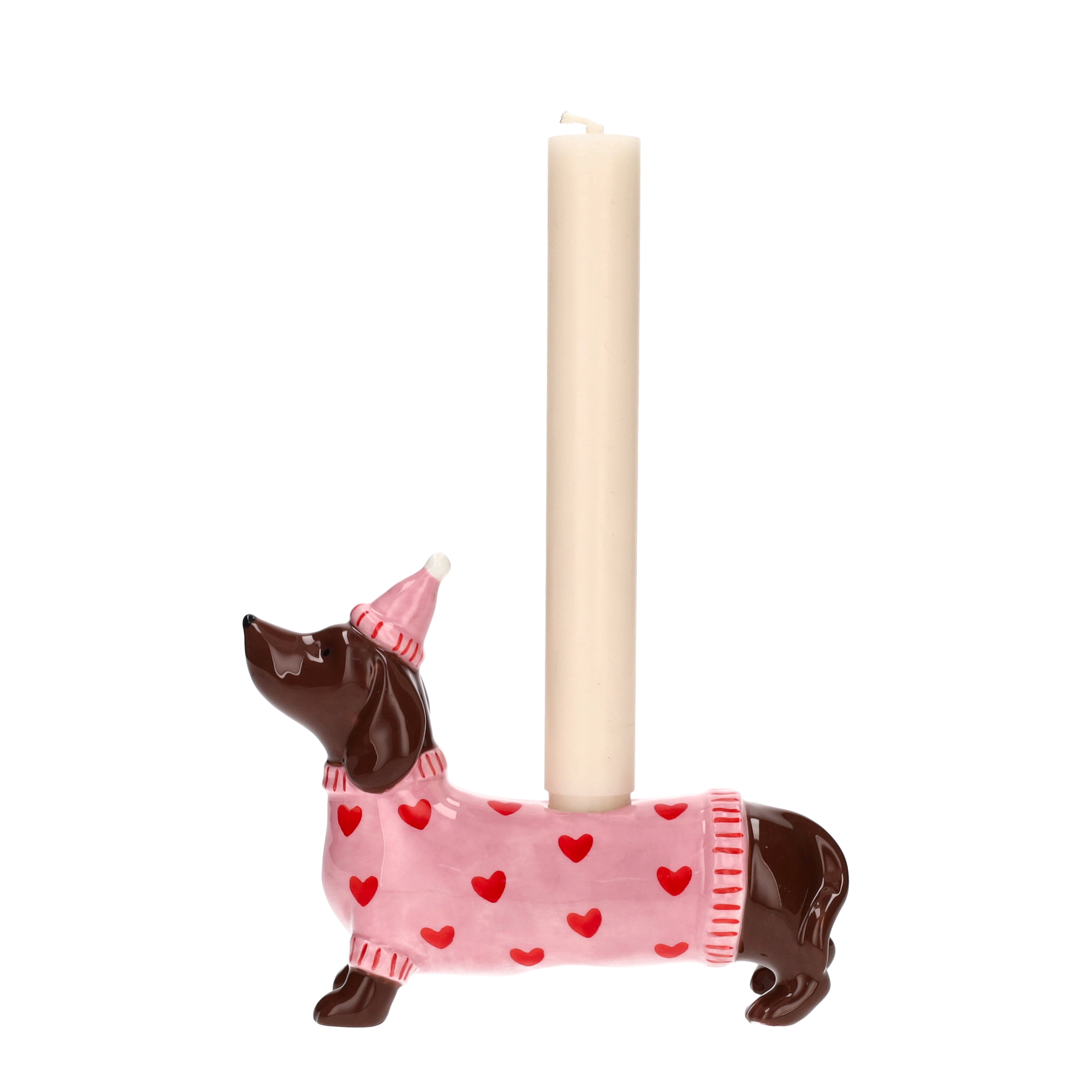 Mignon, Kerzenhalter Dackel mit Mütze, rosa