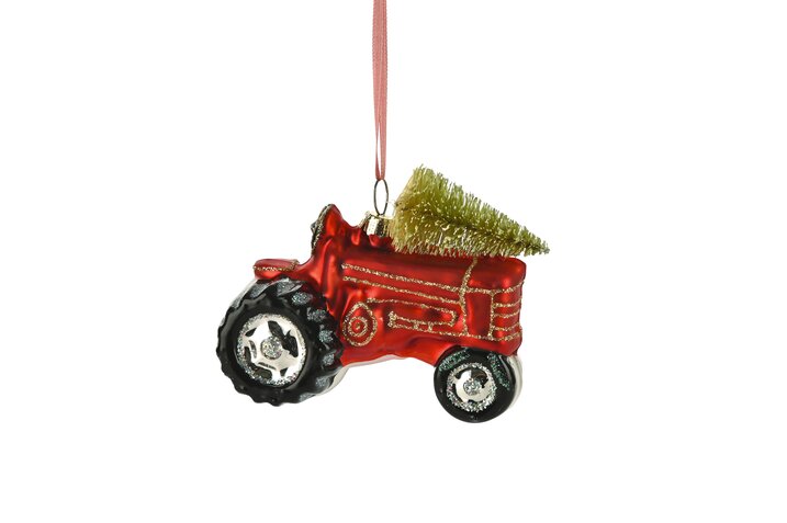 Hänger Traktor mit Weihnachtsbaum, rot
