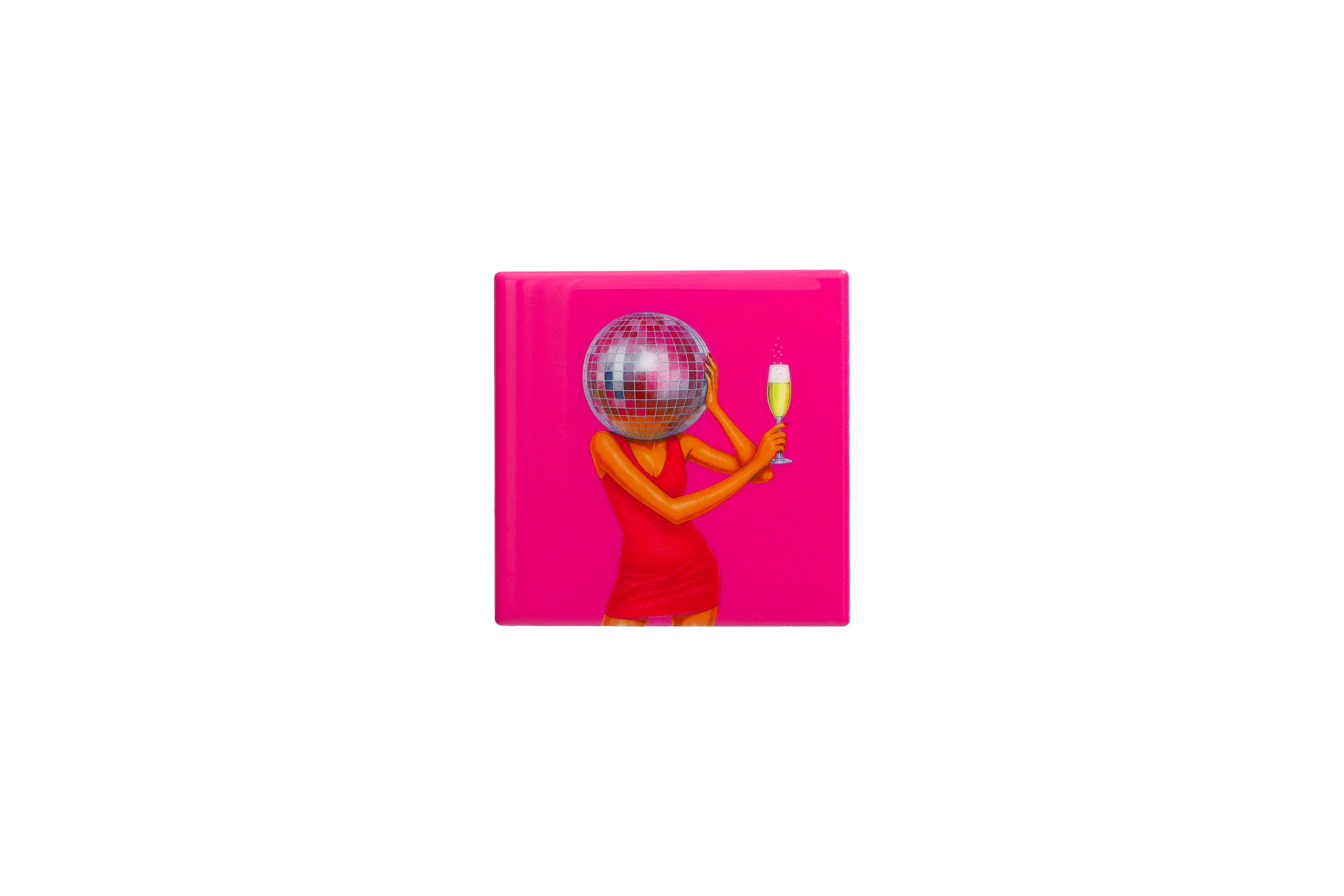 Love tiles, Untersetzer, Motiv: Frau mit Disco Kugel, neon pink