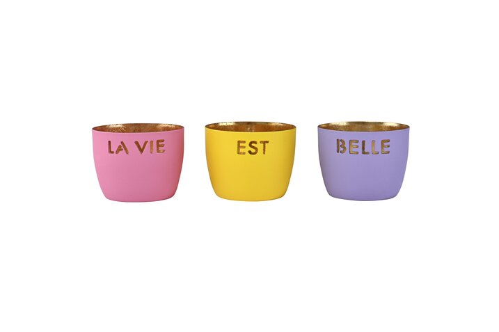 Madras, Windlicht, 3er Set, XS, Motiv: La vie est belle, rosa/gelb/lila