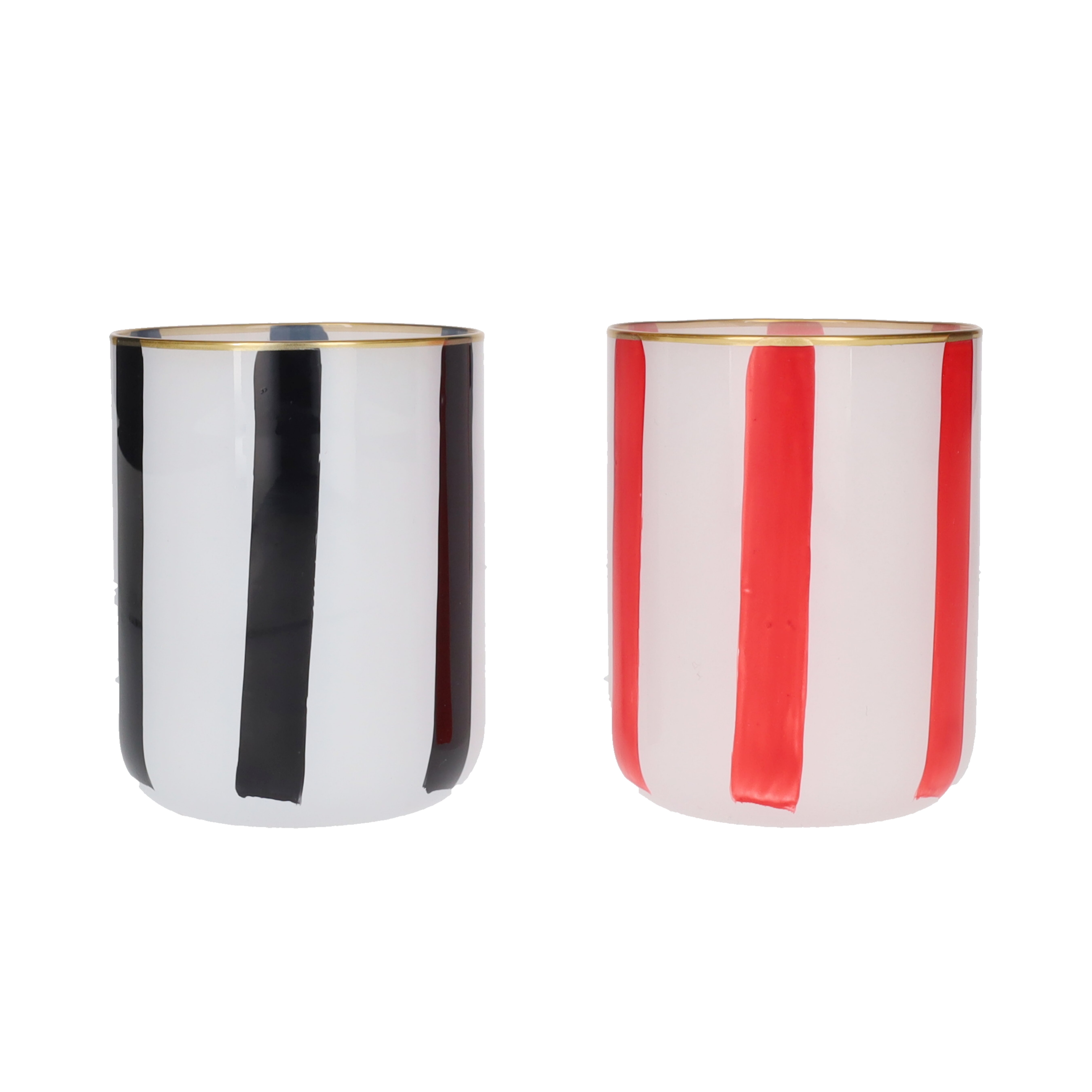 Linea, Teelichthalter, 2fach sortiert, Gestreift/Goldrand oben,  schwarz/rot, gs